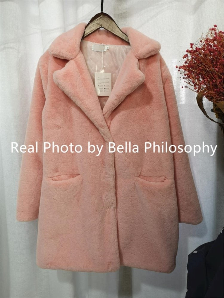 Abrigo de piel sintética de visón para mujer de Bella Philosophy, abrigo de piel sintética cálido para invierno con cuello vuelto para mujer, chaqueta informal para mujer