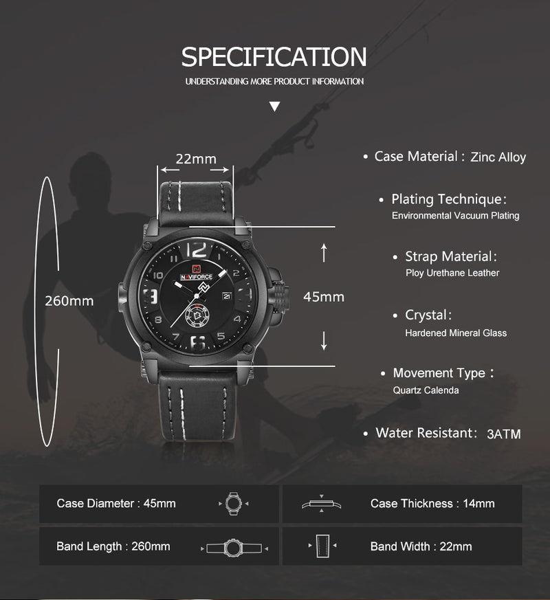 NAVIFORCE marca de lujo superior hombres deportes militar cuarzo reloj hombre analógico fecha reloj correa de cuero reloj Relogio Masculino