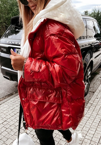 Winter Shiny Hooded Coat Women Long Sleeve Zipper Casual Street Style Bomber Jacket Thick Warm Parka Outerwear  2021