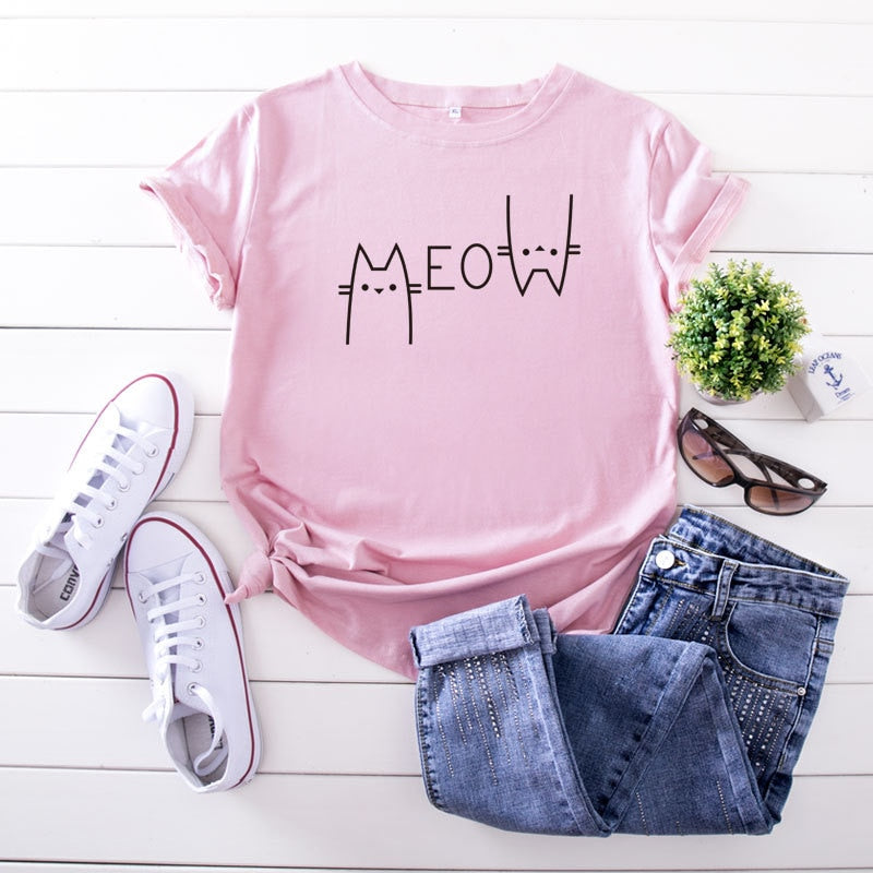 JCGO Summer Women T Shirts Cotton Funny Cat Print Short Sleeve Ladies Regular Tees Tops Casual Round Neck Female Graphic TShirts