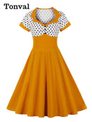 Tonval Two Tone Sweetheart Neck Button Front Vintage Party Dresses Women Pinup Retro Polka Dot A Line Summer Swing Dress