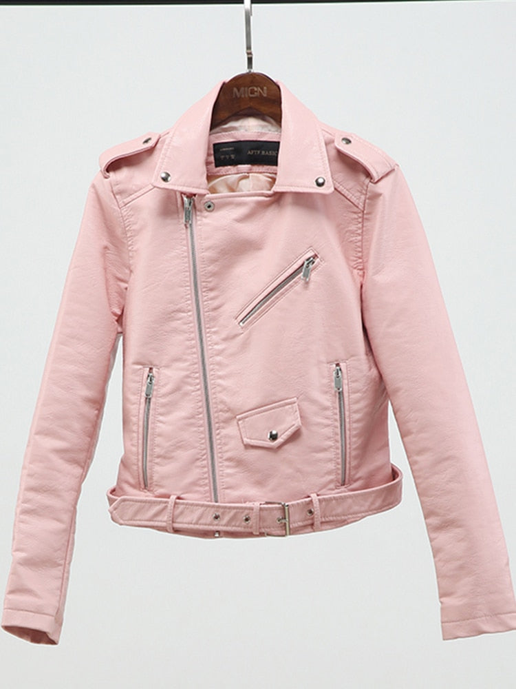 Fitaylor Spring Autumn Women Faux Soft Leather Jacket Long Sleeve Pink Black Biker Coat Zipper Design Motorcycle PU Red Jacket