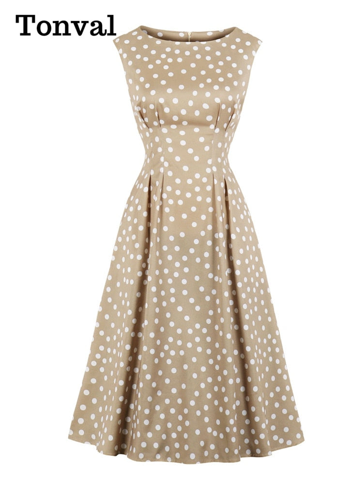 Tonval Khaki Color High Waist Elegant Polka Dot Women Vintage Long Dress Sleeveless Pocket Side Ladies Midi Dresses Retro