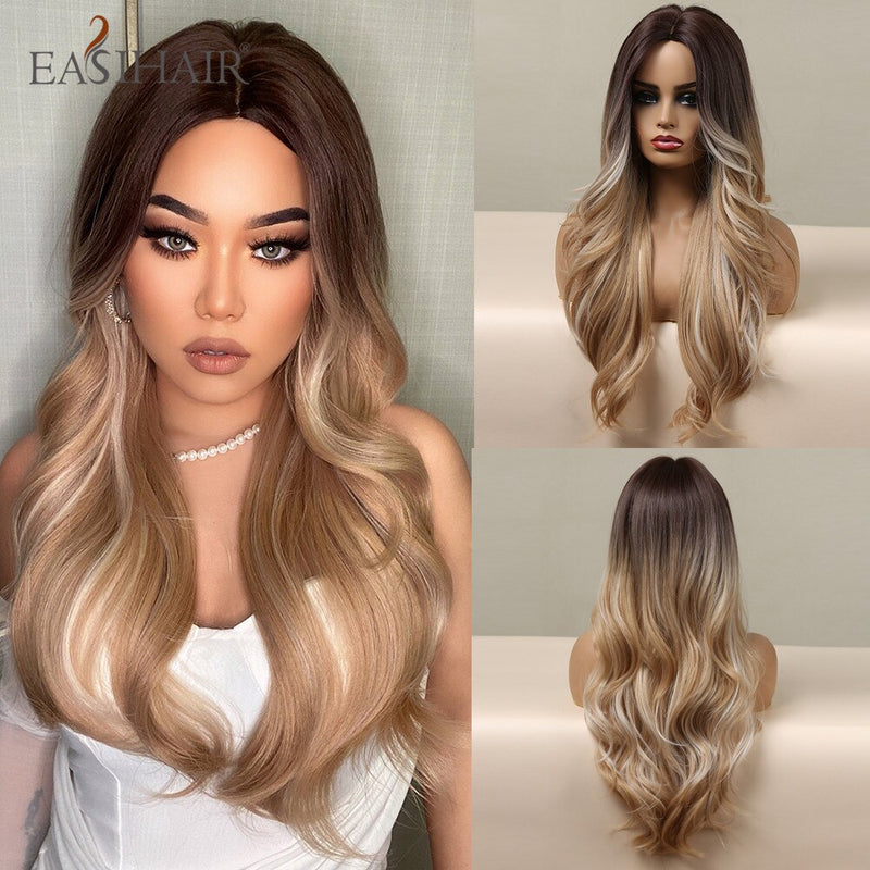 EASIHAIR Lange hellblonde Perücken im Ombré-Stil mit natürlichen Wellen, hitzebeständig, synthetische Perücken, Mittelteil, Cosplay-Perücken für Frauen