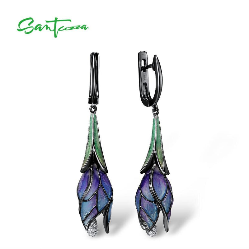 Pendientes de plata SANTUZZA para mujer, Plata de Ley 925 auténtica, gota exquisita, flor púrpura, joyería elegante, esmalte hecho a mano