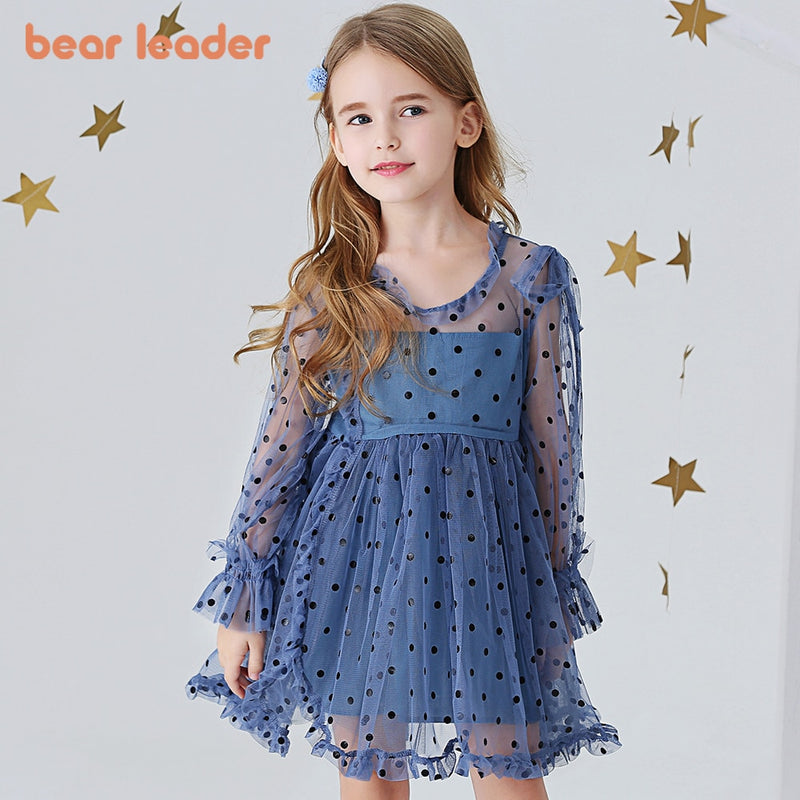 Bear Leader Girls Dress Autumn 2023 Girls Clothes Long Sleeves Cartoon Embroidery Female Children&