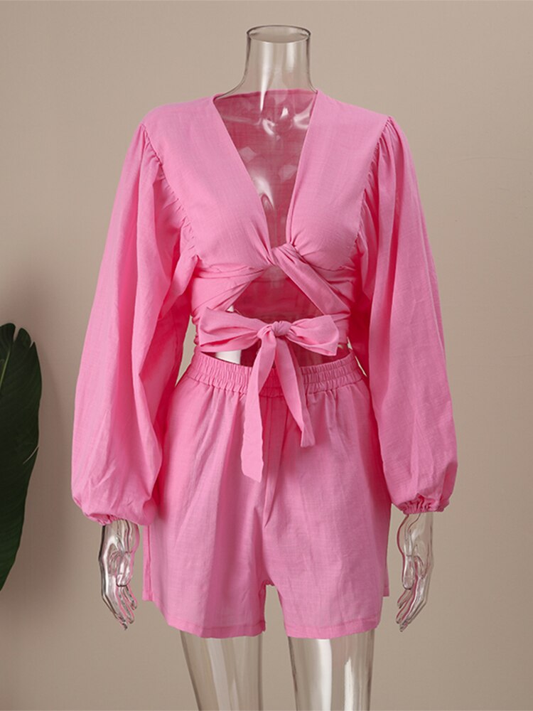 Women Casual Loose V Neck Crop Top And Straight Shorts Two Piece Set Female Solid Lace Up Long Sleeve Shirts Tops And Shorts Set