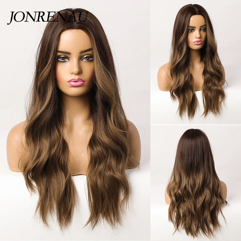 JONRENAU Long Natural Wave Middle Part Hair Gradient Dark Brown Synthetic Wigs  for Women Daily Cosplay Use Heat Resistant Wig