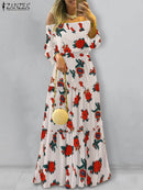 ZANZEA Fashion Off Shoulder Vestidos Female Lace Up Belted Dresses Beach Holiday Ruffle Robe Womens Bohemian Long Maxi Dress