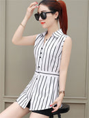 Women Spring Summer Long Style Chiffon Blouses Shirts Lady Casual Sleeveless Striped Turn-down Collar Blusas Tops DF1927