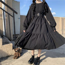 QWEEK Gothic Style Kleid Damen Harajuku Gothic Lolita Goth Kawaii Kleid Punk Niedlich Langarm Schwarz Midikleid 2021 Emo Oversize