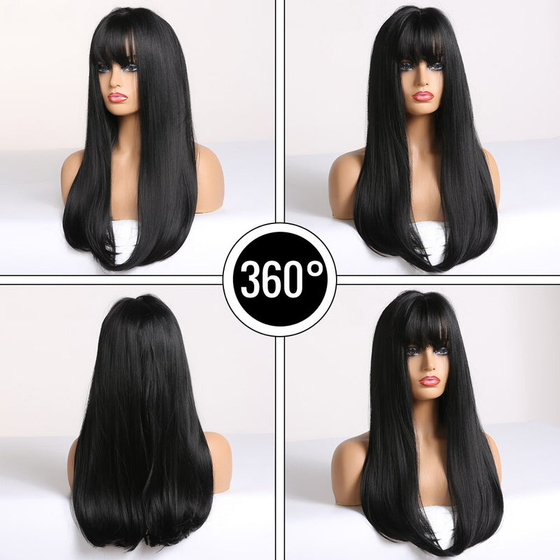 HENRY MARGU Long Straight Black Synthetic Wigs With Bangs Natural Fake Hairs for Women Afro Heat Resistant Cosplay Daily Wigs