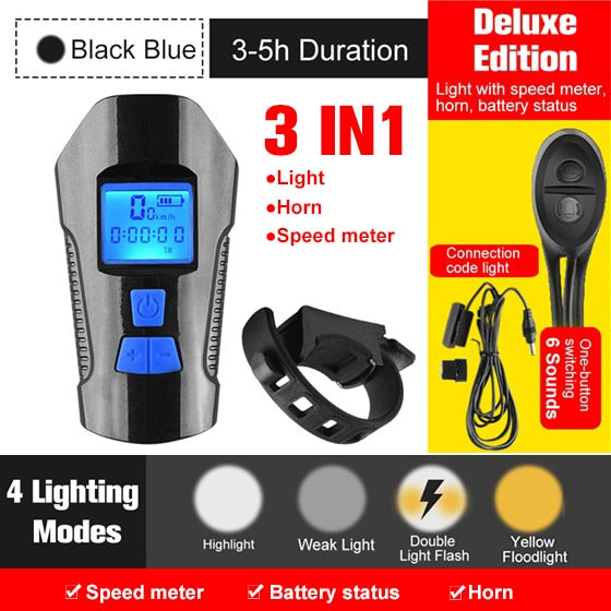 Bicycle Light USB Rechargeable Bike Odometer Front Light Flashlight with Computer LCD Speedometer Cycling Head Lantern Horn