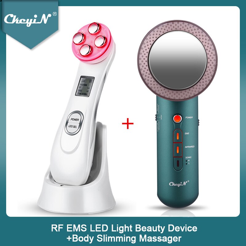 CkeyiN RF EMS LED Light Facial Massage Machine Wrinkles Removal + Ultrasonic Far Infrared Body Slimming Massager Fat Burner 45