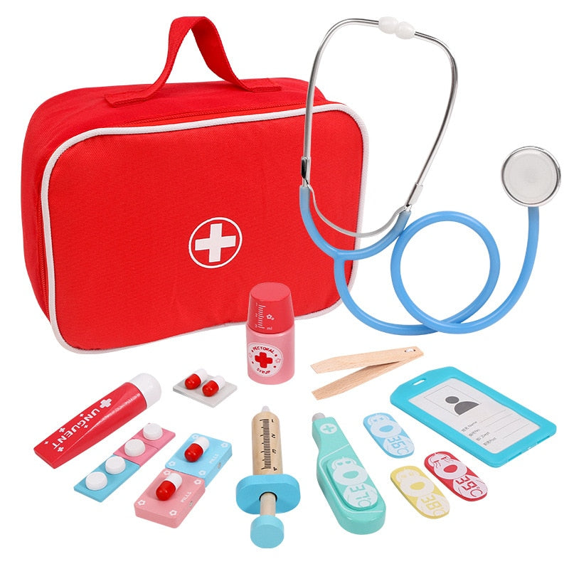 Doctor Toys for Children Set Kids Wooden Pretend Play Kit Games for Girls Boys Red Medical Dentist Medicine Box Cloth Bags