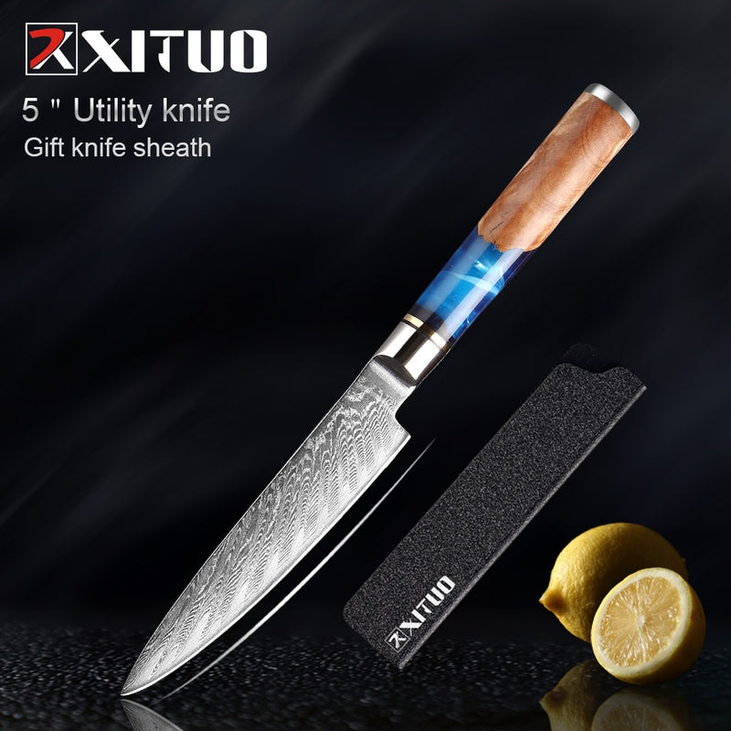 XITUO Kitchen Knives-Set Damascus Steel VG10 Chef Knife Cleaver Paring Bread Knife Blue Resin and Color Wood Handle 1-7PCS set