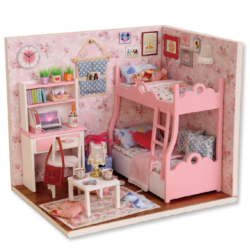 Cutebee DIYHouse miniatura con muebles LED música polvo cubierta modelo Juguetes De bloques De construcción para niños Casa De Boneca