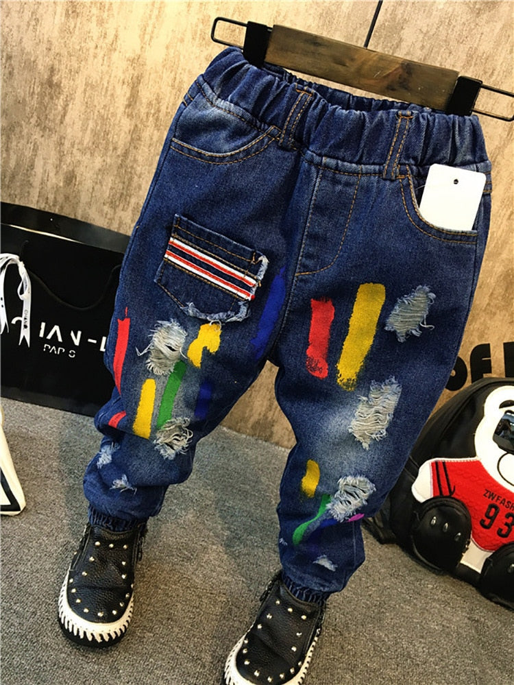 New Girls Jeans Spring Autumn Children Trousers 1-7Yrs Baby Boys Girls Jeans Boys Casual Hole Pants Cartoon Cat Jeans Kids Pants