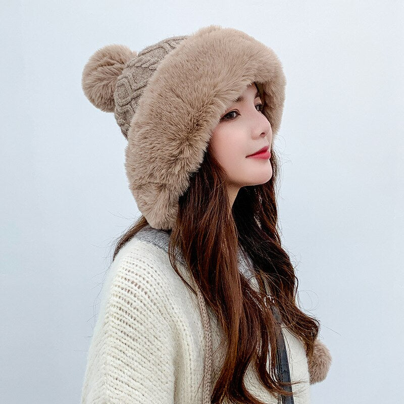 Sparsil mujer Otoño Invierno visón tejido bombardero sombrero grueso mujer mullido pompón al aire libre cálido a prueba de viento orejera trampero nieve esquí gorras