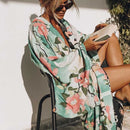 Green Vintage Night Garde Print Boho maxi Kimono Sleeve Cardigan bohemian long Wrap blouse Tops Beachwear Bikini Cover Swimwear