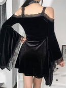 InsGoth Goth Sexy Flare manga vestido negro Y2K Harajuku alta cintura una línea Mini vestidos fuera del hombro Punk Halloween otoño vestido