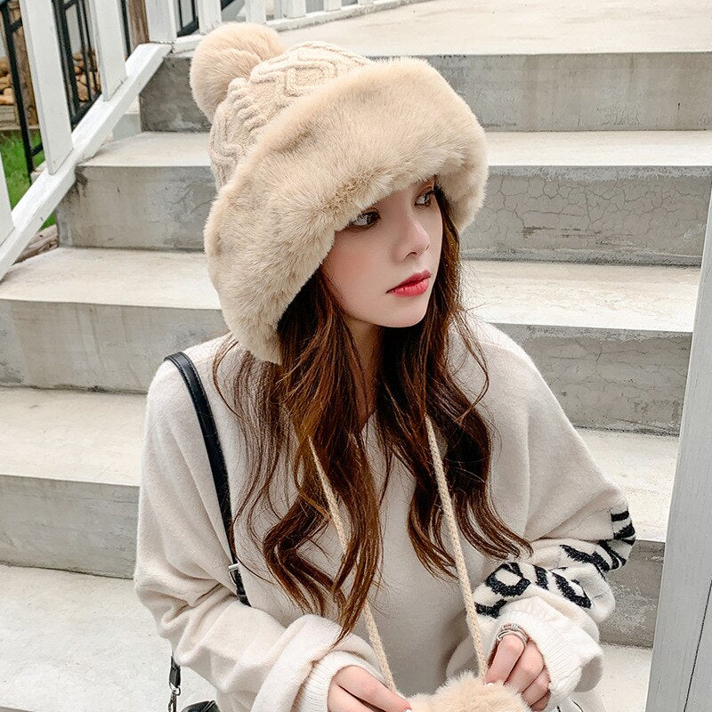 Sparsil Woman Autumn Winter Mink Knit Bomber Hat Thick Female Fluffy Pompom Outdoor Warm Windproof Earflap Trapper Snow Ski Caps