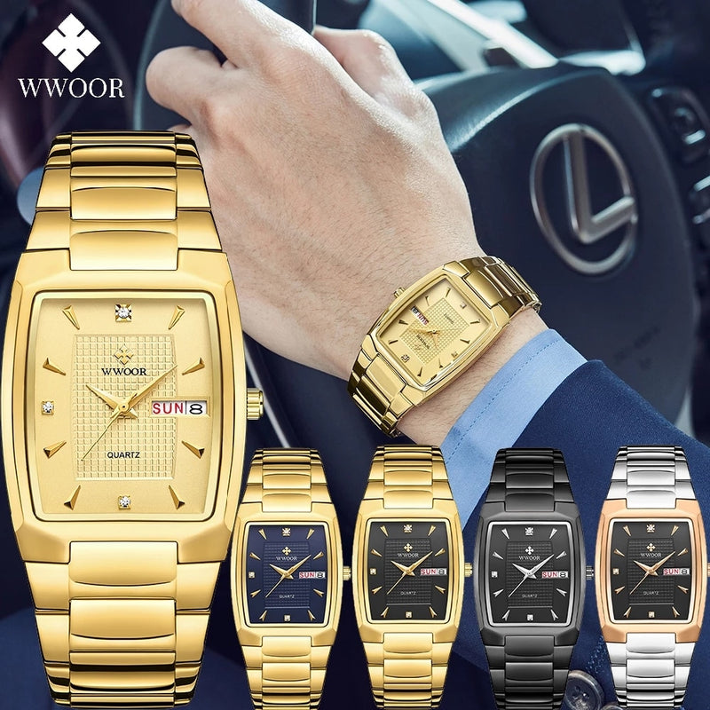 Relogio Masculino WWOOR 2022 Neue quadratische Uhr Herren mit automatischem Wochendatum Mann Quarz Armbanduhren Luxus Edelstahl Gold