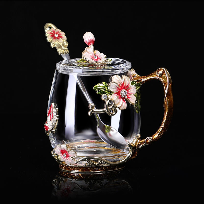 Beauty And Novelty Enamel Coffee Cup Mug Flower Tea Glass Cups for Hot and Cold Drinks Tea Cup Spoon Set Perfect Wedding Gift