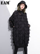 [EAM] 2022 New Spring Autumn Stand Collar Long Sleeve Perspective Black Loose Tassels Big Size Dress Women Fashion Tide JI780