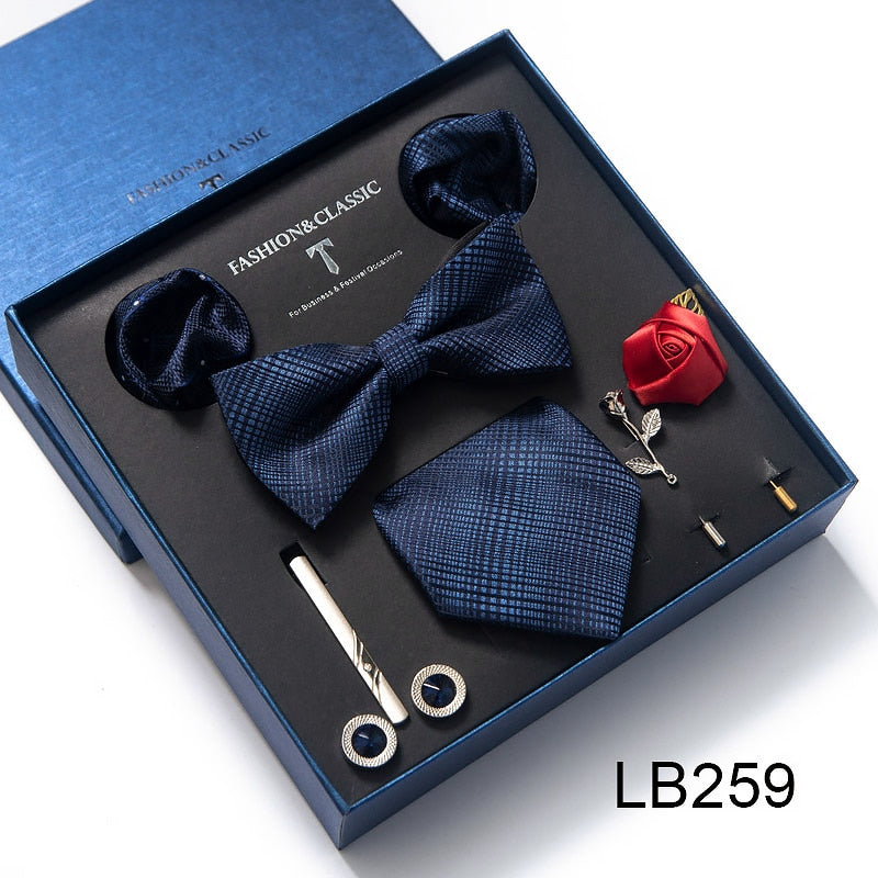 Envío Gratis, conjunto de corbata para hombre, caja de regalo de lujo, conjunto de corbata de seda, 8 Uds., embalaje interior, regalo festivo, pañuelos de bolsillo