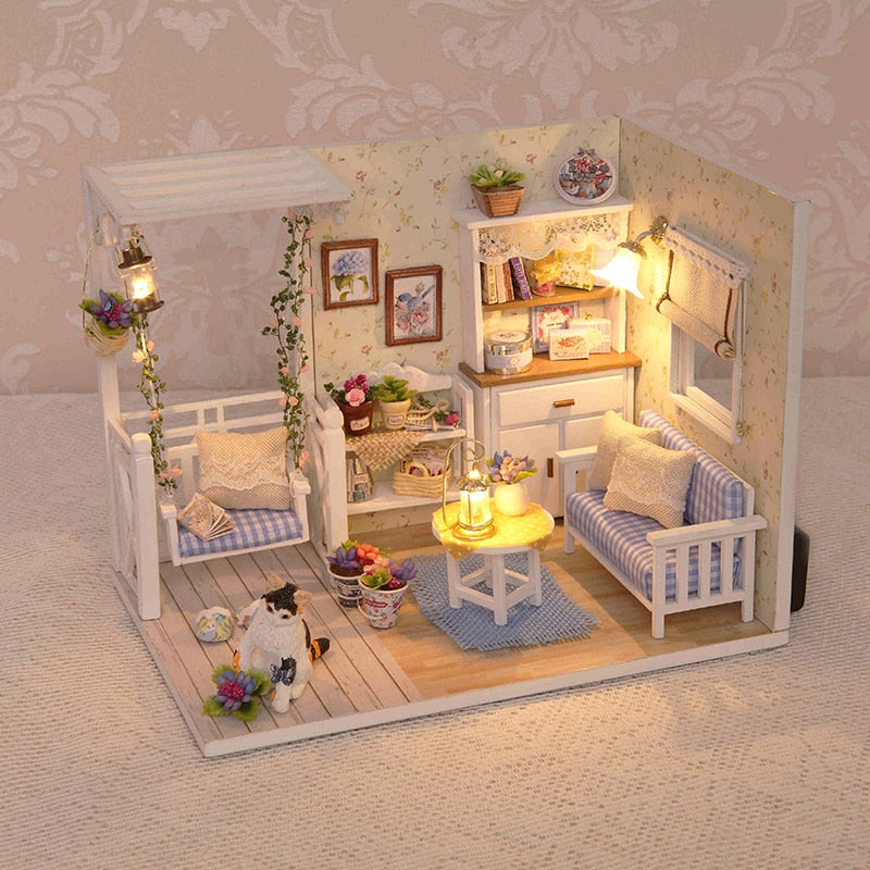 Puppenhausmöbel Diy Miniatur 3D Holzminiaturen Puppenhaus Spielzeug für Kinder Geburtstagsgeschenke Casa Kitten Diary H013