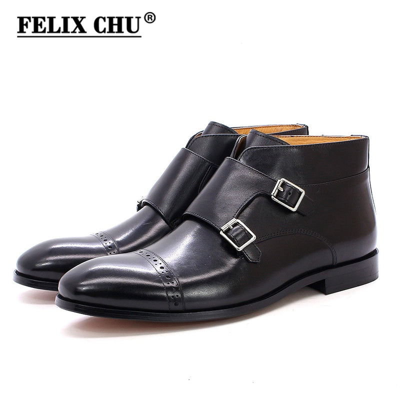 Botines hechos a mano para hombre Felix Chu, botas de moto de cuero genuino para hombre, zapatos de vestir altos con correa de hebilla roja negra para hombre