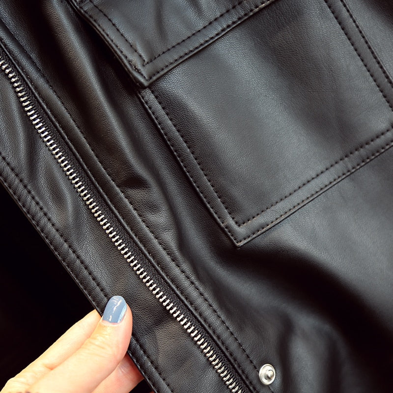 FTLZZ, abrigos ajustados de PU, chaquetas de piel sintética para mujer, chaquetas de motociclista Vintage, elegante cinturón de corbata, bolsillos en la cintura, abrigos con botones