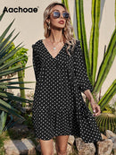 Aachoae Women Casual Loose Polka Dot Dress V Neck Pleated Chiffon Dress Lantern Half Sleeve Mini Beach Dress Summer Robe Femme