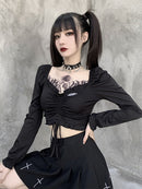 InsGoth Bandage Bodycon Long Sleeve Crop Tops Female Black V-neck Streetwear Punk Slim Tops Autumn Gothic Harajuku Top