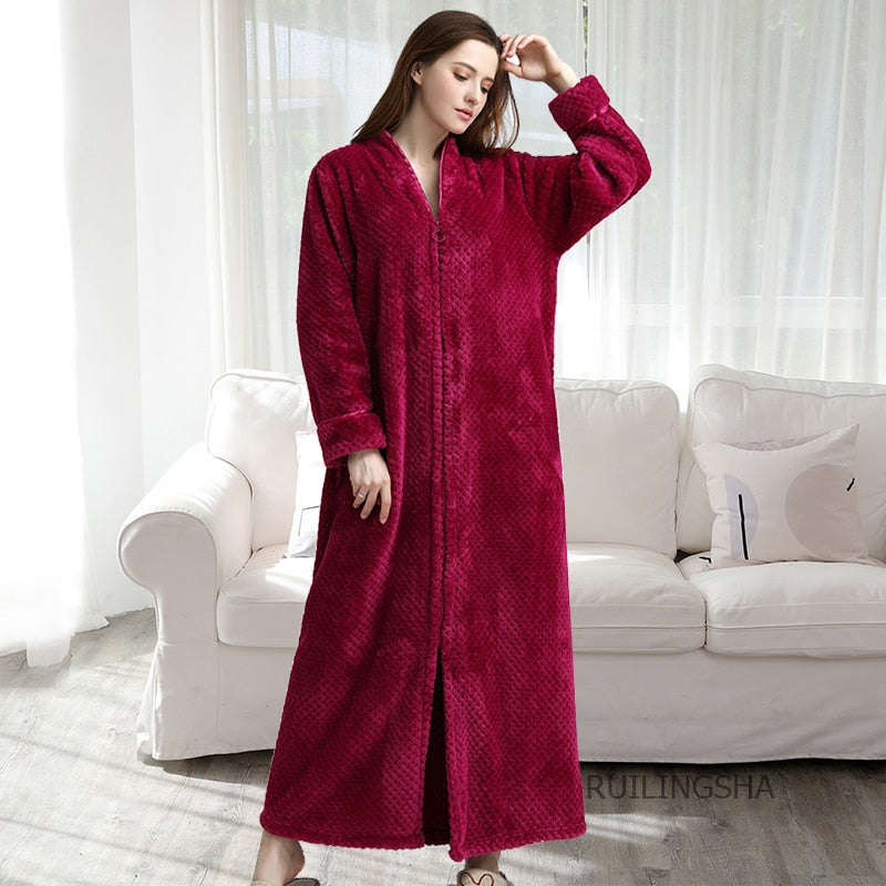 Women Winter Plus Size Long Warm Flannel Hooded Bathrobe 40-110KG Zipper Bath Robe Pregnant Night Dressing Gown Men Sleepwear