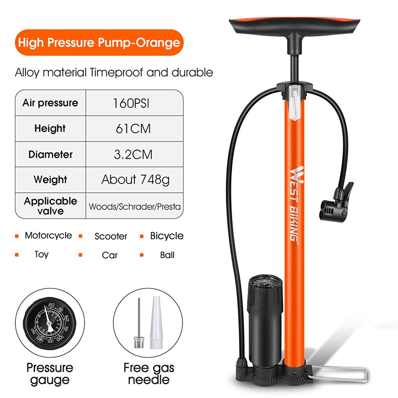 WEST BIKING Bike Floor Pump 120/160PSI High Pressure Cycling Pump Air Inflator Schrader Presta Valve Road MTB Bicycle Tire Pump