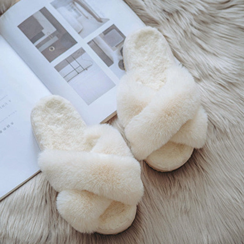 2022 Winter New Women Slipper Soft Rabbit Fur Cross Upper 3cm Heel Platform Fur Warm Indoor Ladies Open Toe Fluffy Home Slippers