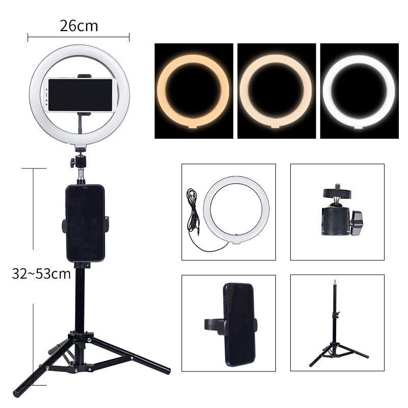 10&quot; Selfie Ring Light With Tripod Professional Photography Circle Ring Lamp Phone Holder Dimmable Ringlight For Youtube Makeup