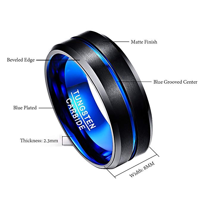 NUNCAD Herren-Ring aus Wolframcarbid, 8 mm, blau und schwarz, matt, mit abgeschrägten Kanten