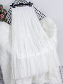 Qooth Women Beaded Petal Mid-length Ruffles Mesh Pleated Skirts Elegant High-waisted Fairy A-line Long Tulle Skirts QT1682