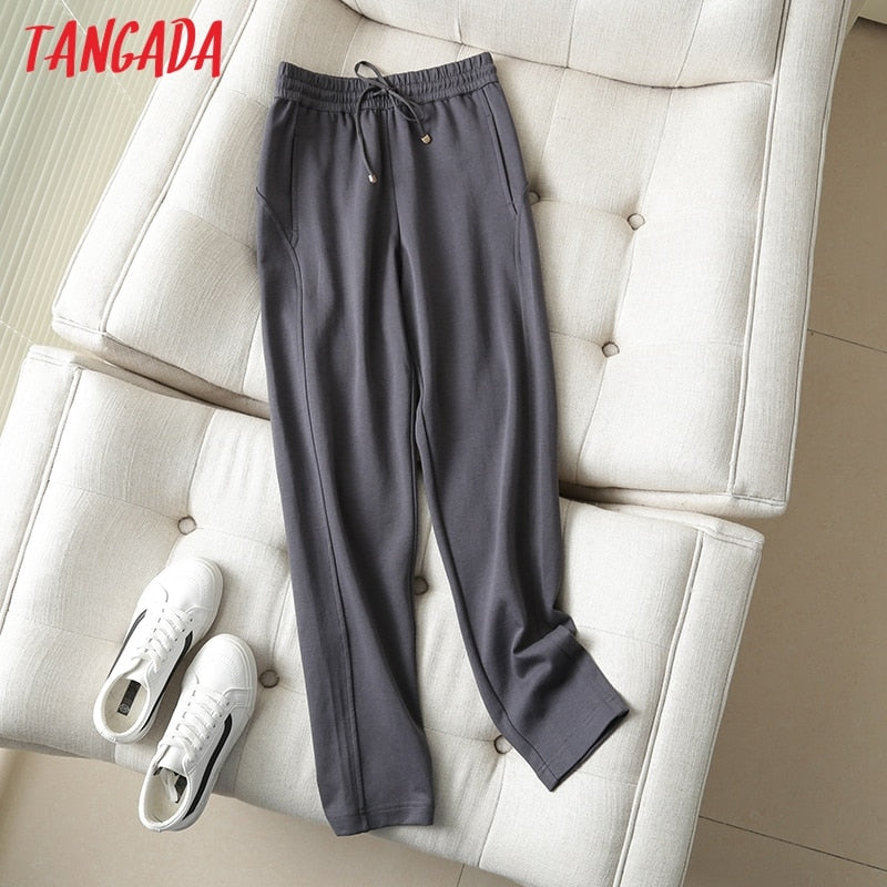 Tangada 2022 women dark gray pants cargo strethy waist pants trousers joggers female sweatpants 6D80