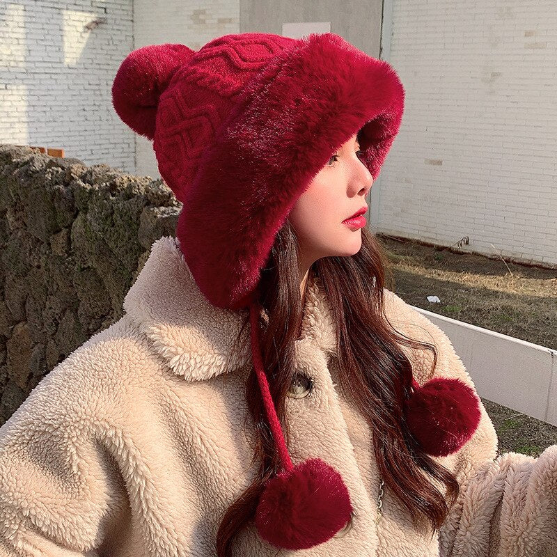 Sparsil mujer Otoño Invierno visón tejido bombardero sombrero grueso mujer mullido pompón al aire libre cálido a prueba de viento orejera trampero nieve esquí gorras