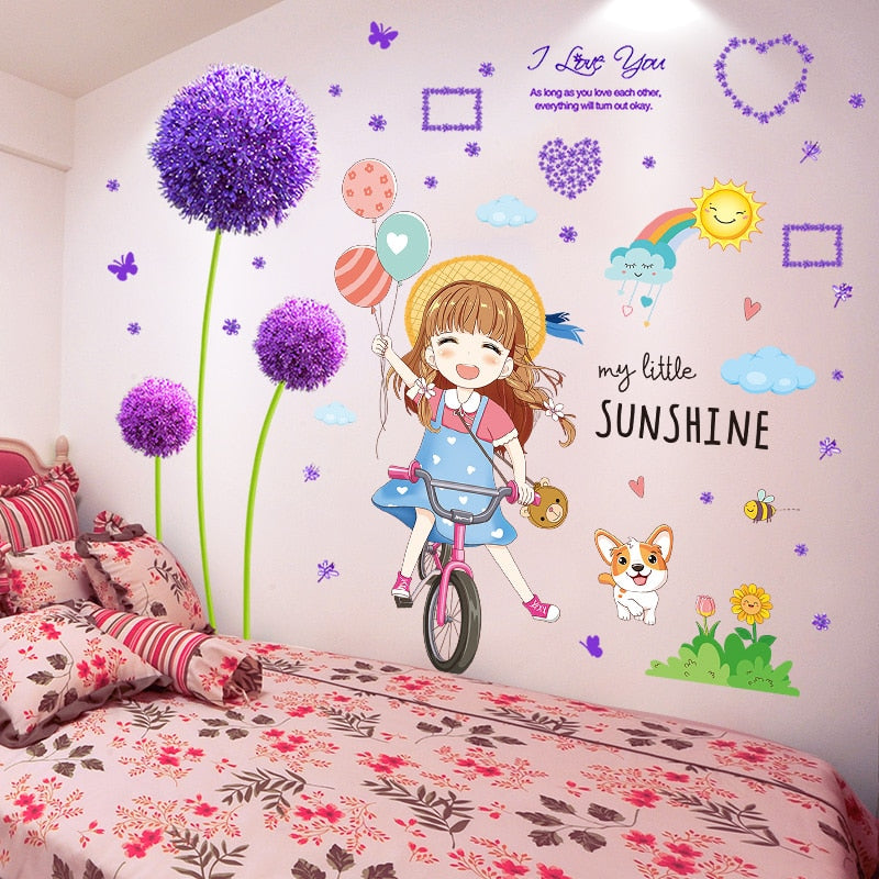 [shijuekongjian] Cartoon Girl Wall Stickers DIY Dandelion Flowers Plant Mural Decals for Kids Rooms Baby Bedroom Home Decoration