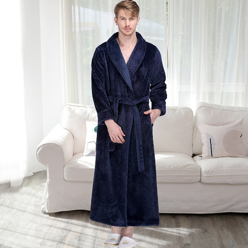 Men Long Thick Warm Flannel Bath Robe Plus Size Women Robes Coral Fleece Bathrobe for Winter Dressing Gown Male Kimono Sleepwear