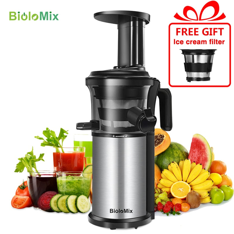 BioloMix 200W 40RPM Stainless Steel Masticating Slow Auger Juicer Fruit and Vegetable Juice Extractor Compact Cold Press Juice