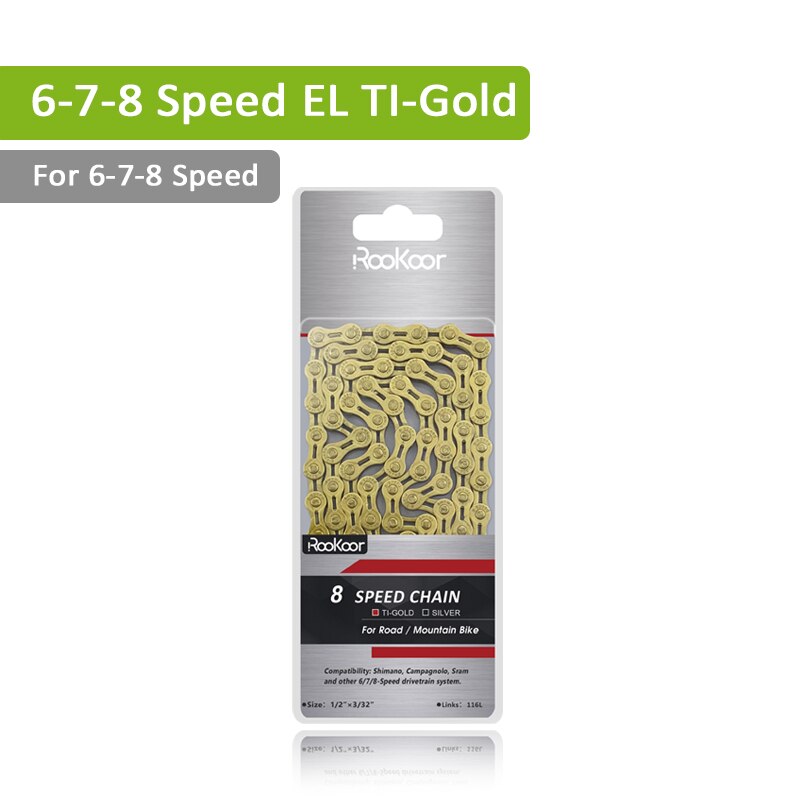 Rookoor 6 7 8 9 10 11 Speed Bicycle Chain Titanium Plated Gold TI-Gold Silver Road Mountain Bike MTB EL Hollow Chains 116 Links