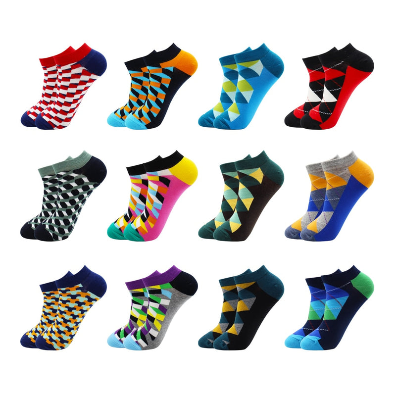 6-12 Pairs Novelty Funny Casual Ankle Socks Fashion Colorful Harajuku Fruit Animal Grid Cotton Men Socks Slippers