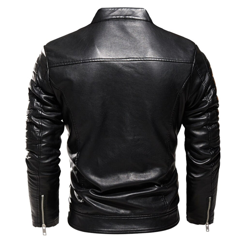 2022 Winter Black Leather Jacket Men Fur Lined Warm Motorcycle Jacket Slim Street Fashion BLack Biker Coat Pleated Design Zipper