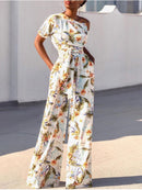 Summer Printed Jumpsuits Irregular Shoulder Sleeves with Sashes Wide Leg Women Floral Vacation Overall Female Bodysuit Big Size